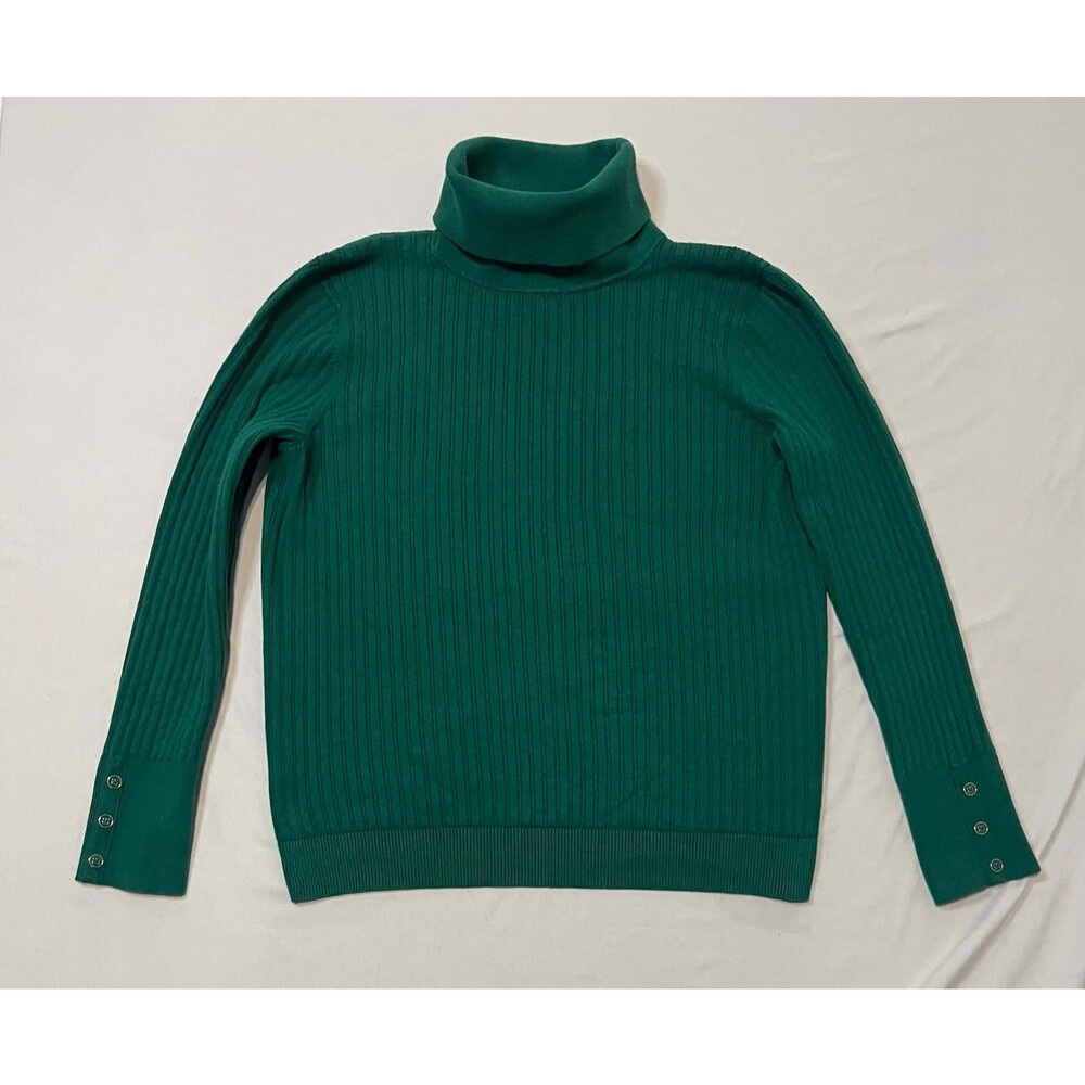 Talbots Emerald Green Ribbed Turtleneck Sweater Button Cuff Pullover Medium
